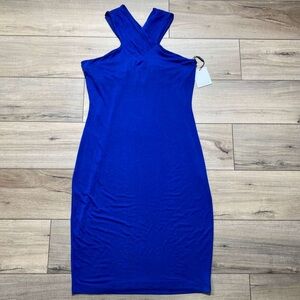 Calvin Klein Womens Cross Halter Neckline Fitted Dress Size 12 Blue Built In Bra
